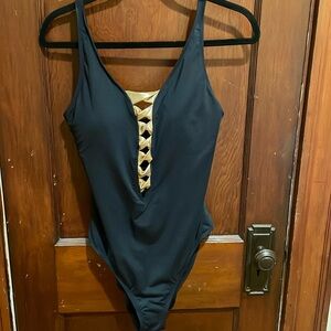 Navy blue & gold one piece bathing suit excellent condition